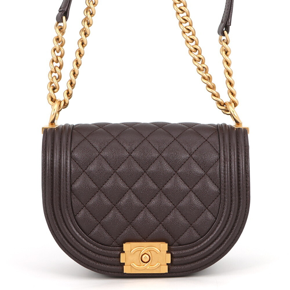 Chanel Chain Shoulder Bag Matelassé Coco Mark Boy Small Caviar Skin AS3350 CH...